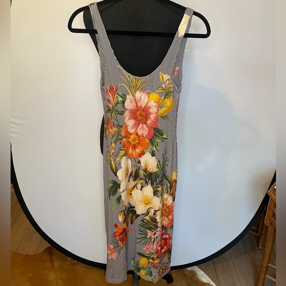 Farm Rio Bodycon midi dress in black & white stripe with floral accent P/XS